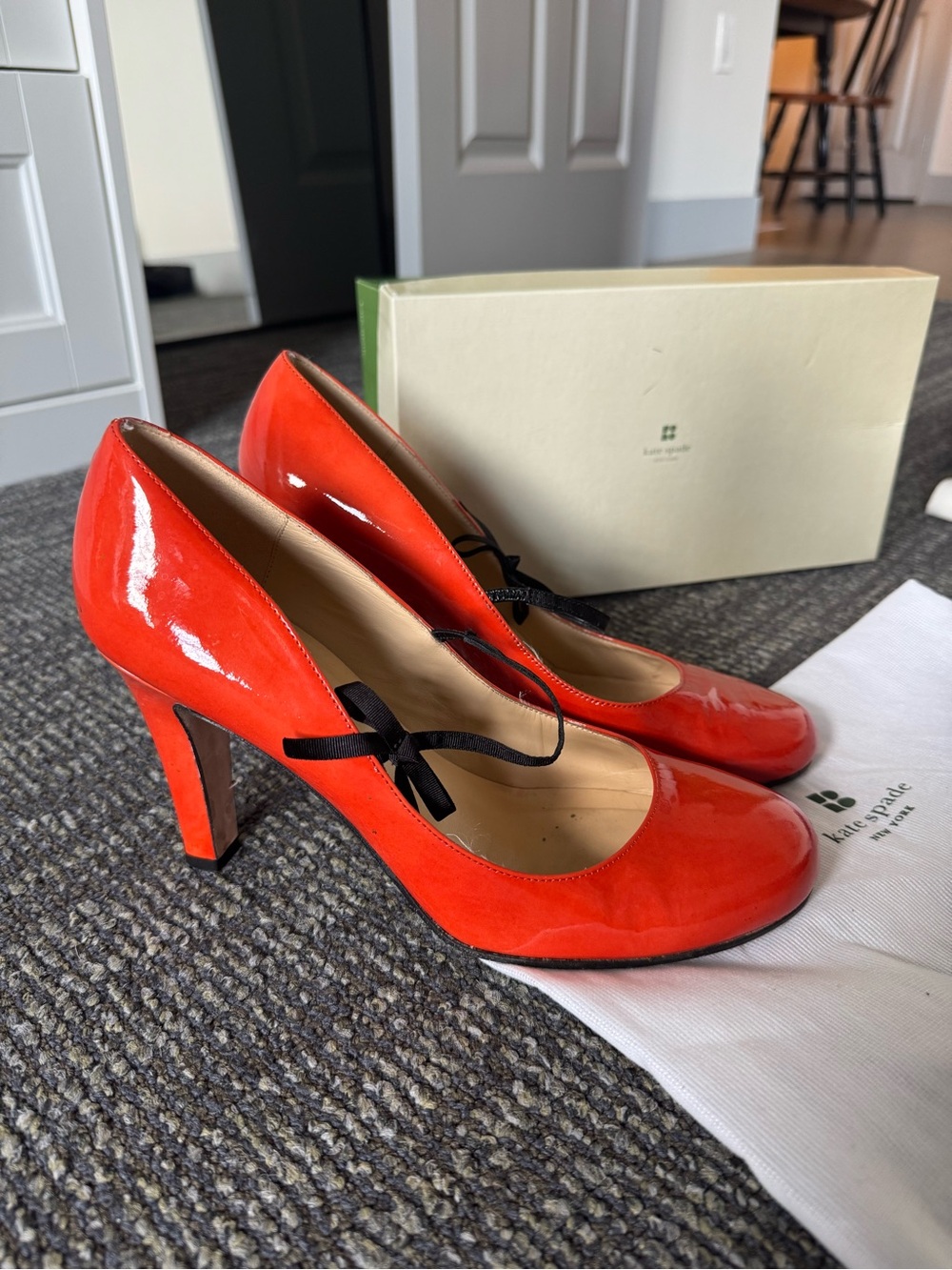 kate spade Red Patent Leather Mary Jane Heels with Black Bow